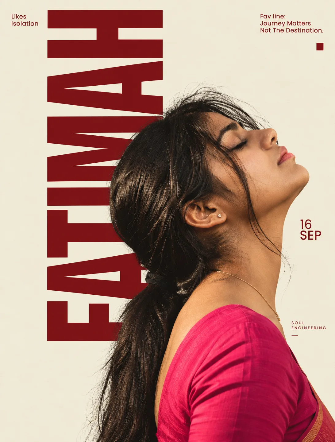 Minimalist experimental fashion editorial poster of young South Indian woman shown in a dramatic sideways horizontal profile, head tilted