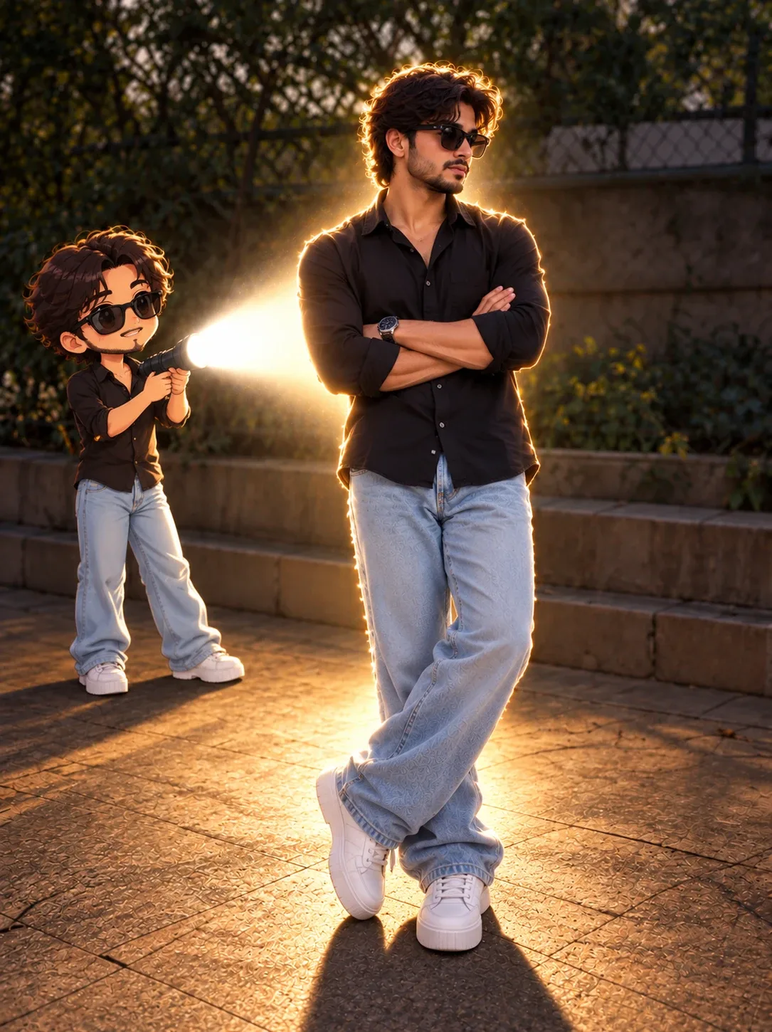 Transform the uploaded photo into a cinematic real-life and anime fusion scene.