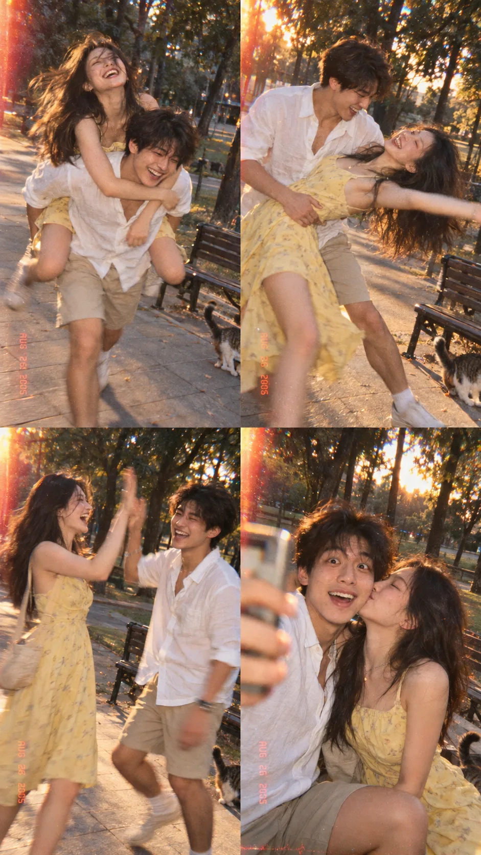 A 4-panel candid photo collage captured by accident with a cheap 2005 pocket digital camera, forced flash off, golden hour in a quiet urban