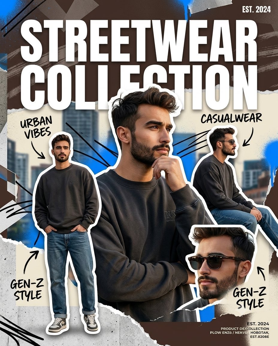 Image created on Gpt 2 Prompt ⤵️⤵️⤵️ TITLE: URBAN STREETWEAR COLLAGE FASHION POSTER SYSTEM TOPIC: [STREETWEAR FASHION / URBAN APPAREL /