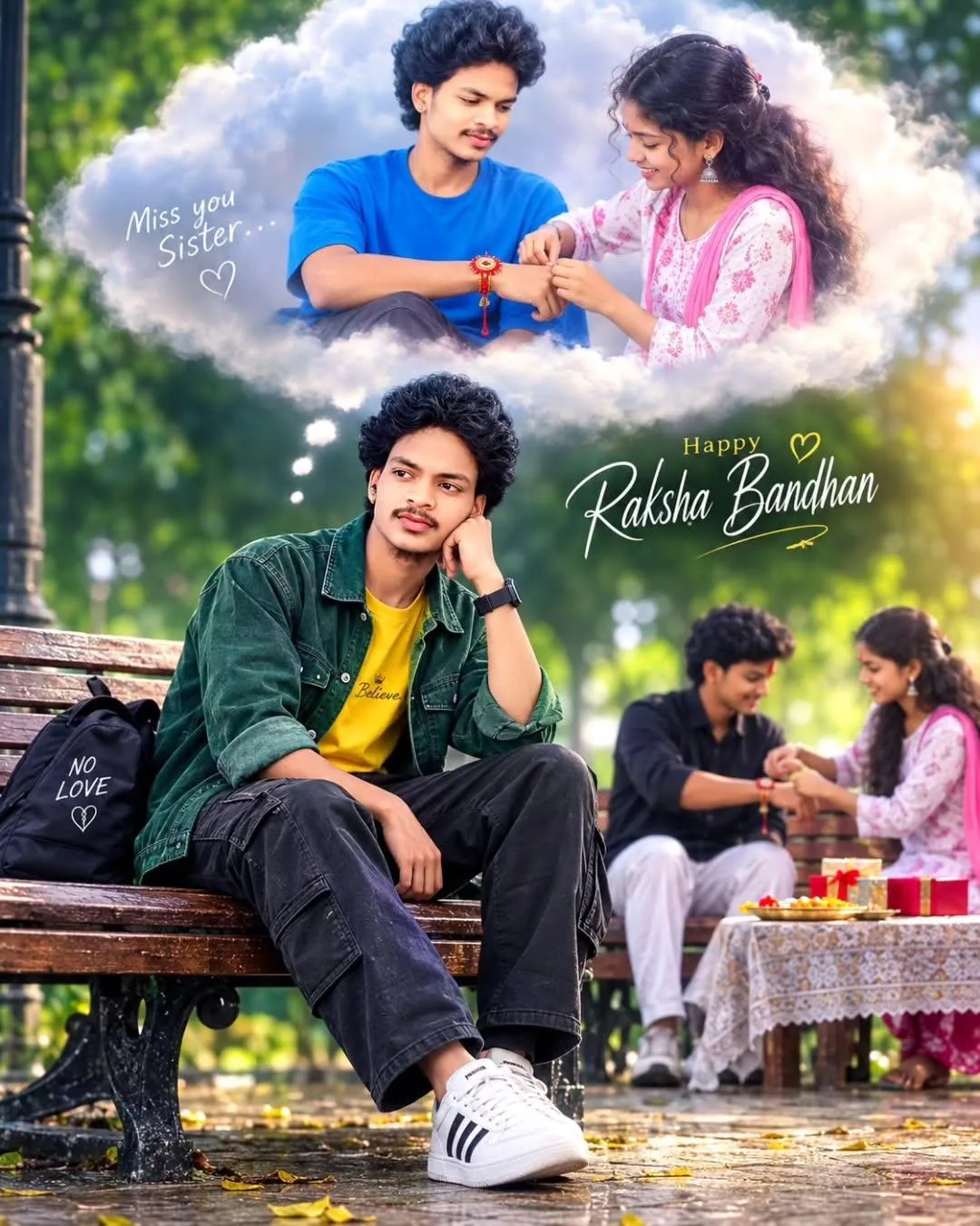 A complex, highly detailed, photo-composite poster-style image celebrating Raksha Bandhan.