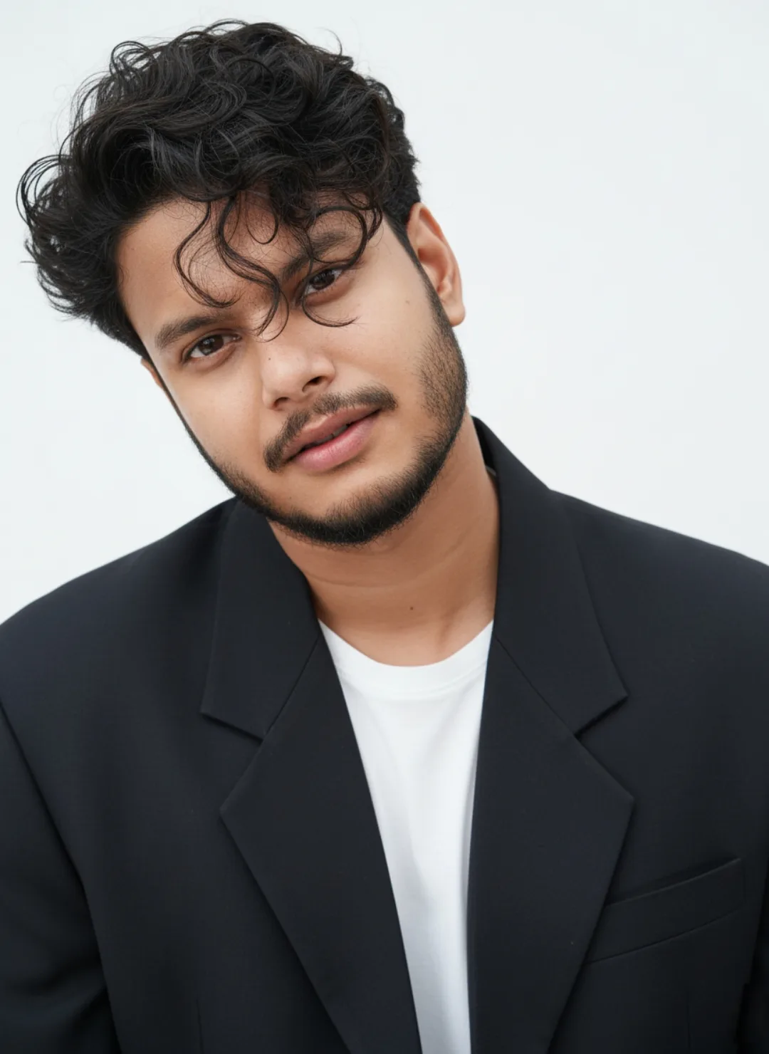 A close-up studio portrait of a young man in his early 20s with medium-dark skin, sharp facial features, thick dark wavy curly hair falling