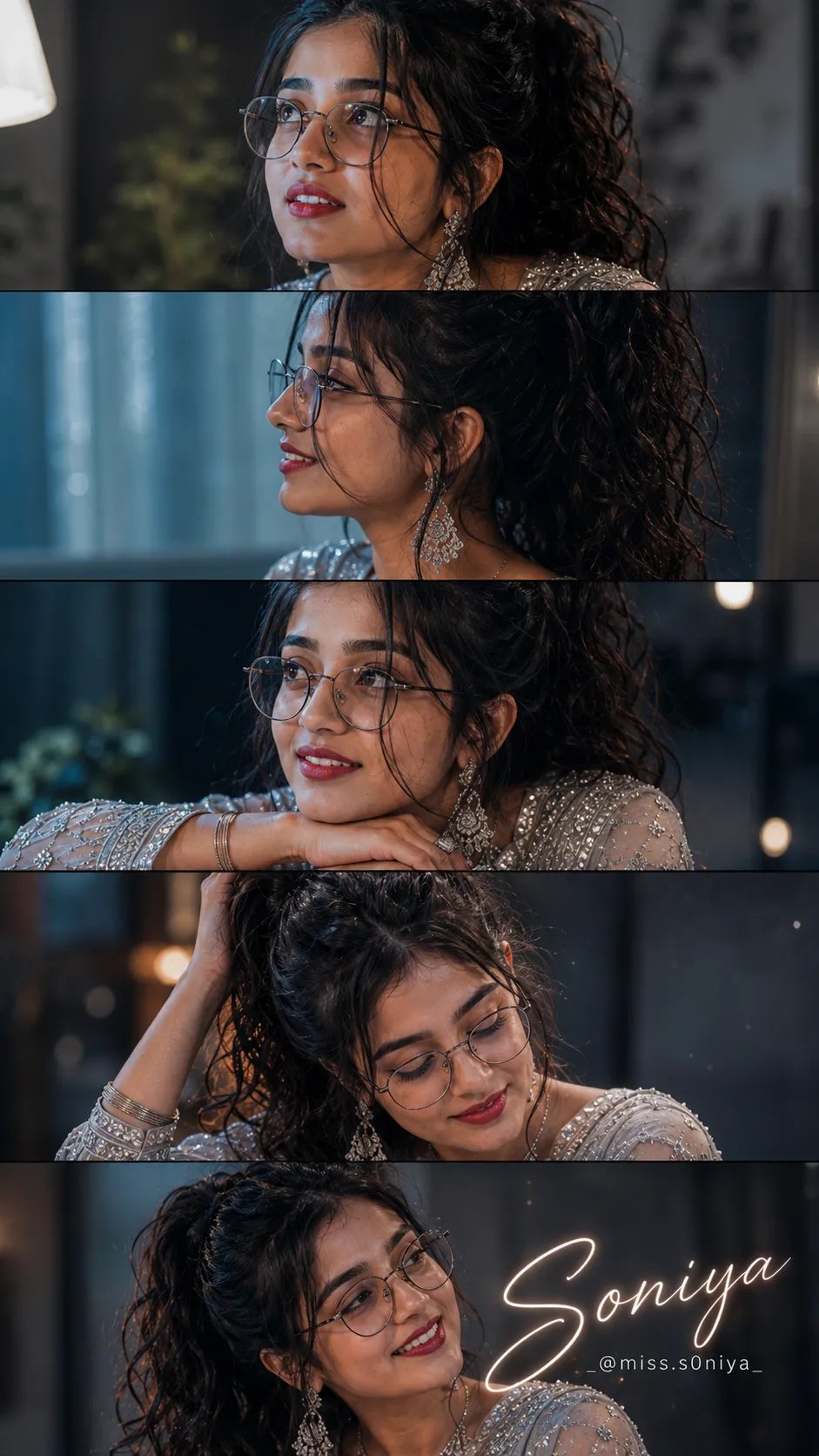 @uk_ravi_hr ltra-realistic dreamy desi portrait collage aesthetic in 9:16 format with 5 stacked horizontal cinematic close-up frames,cool