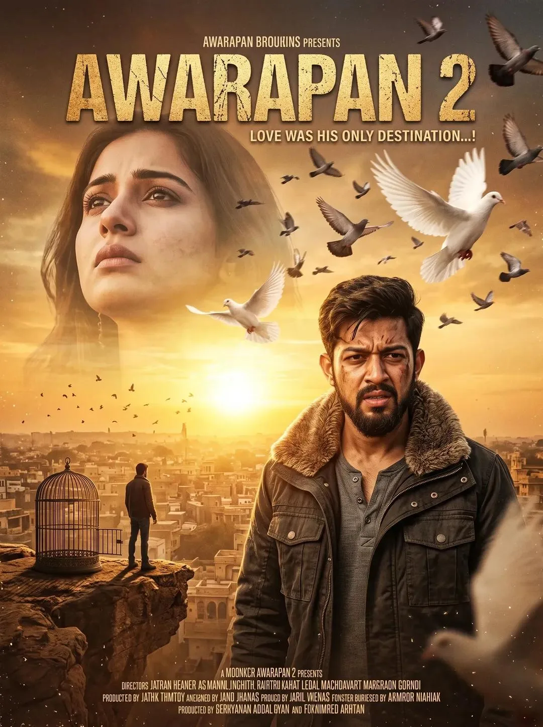 A cinematic movie poster for a dramatic film titled "Awarapan 2." In the foreground, a rugged, intense man with dark hair and a beard