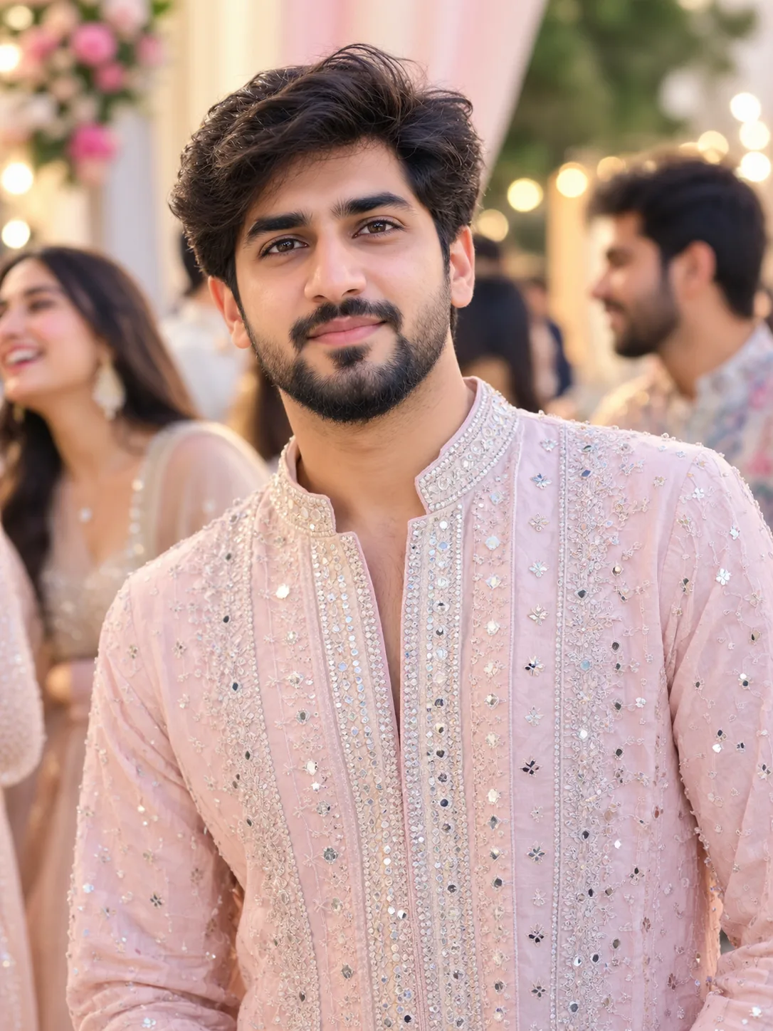 A photorealistic portrait of a handsome young South Asian man looking directly at the camera with a gentle, confident smile.