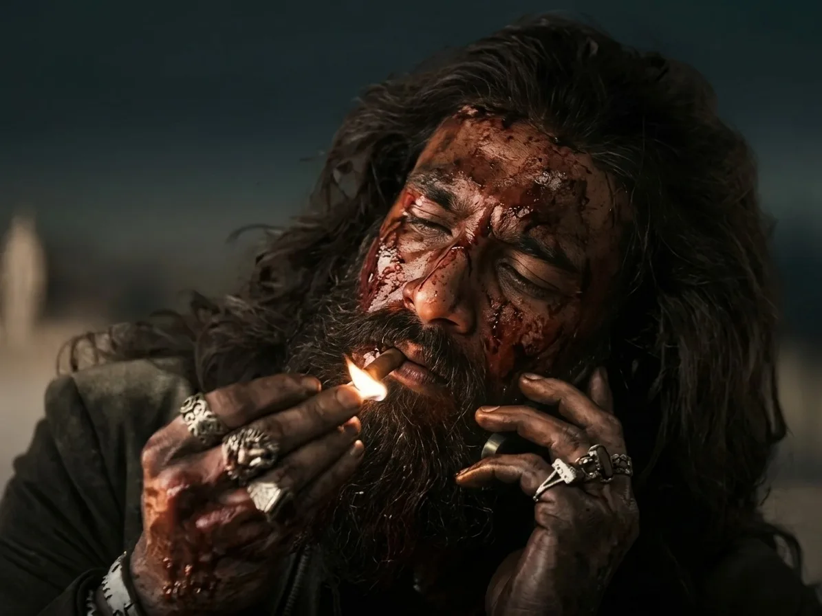 "A cinematic, hyper-realistic close-up shot of a rugged man with long, unkempt dark hair and a thick bushy beard.