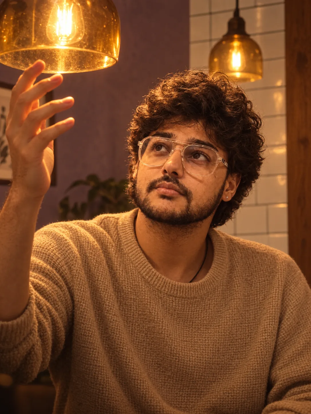 "A moody, cinematic lifestyle portrait of a young man with thick, soft, tousled dark brown wavy hair, a full, neatly shaped black beard and
