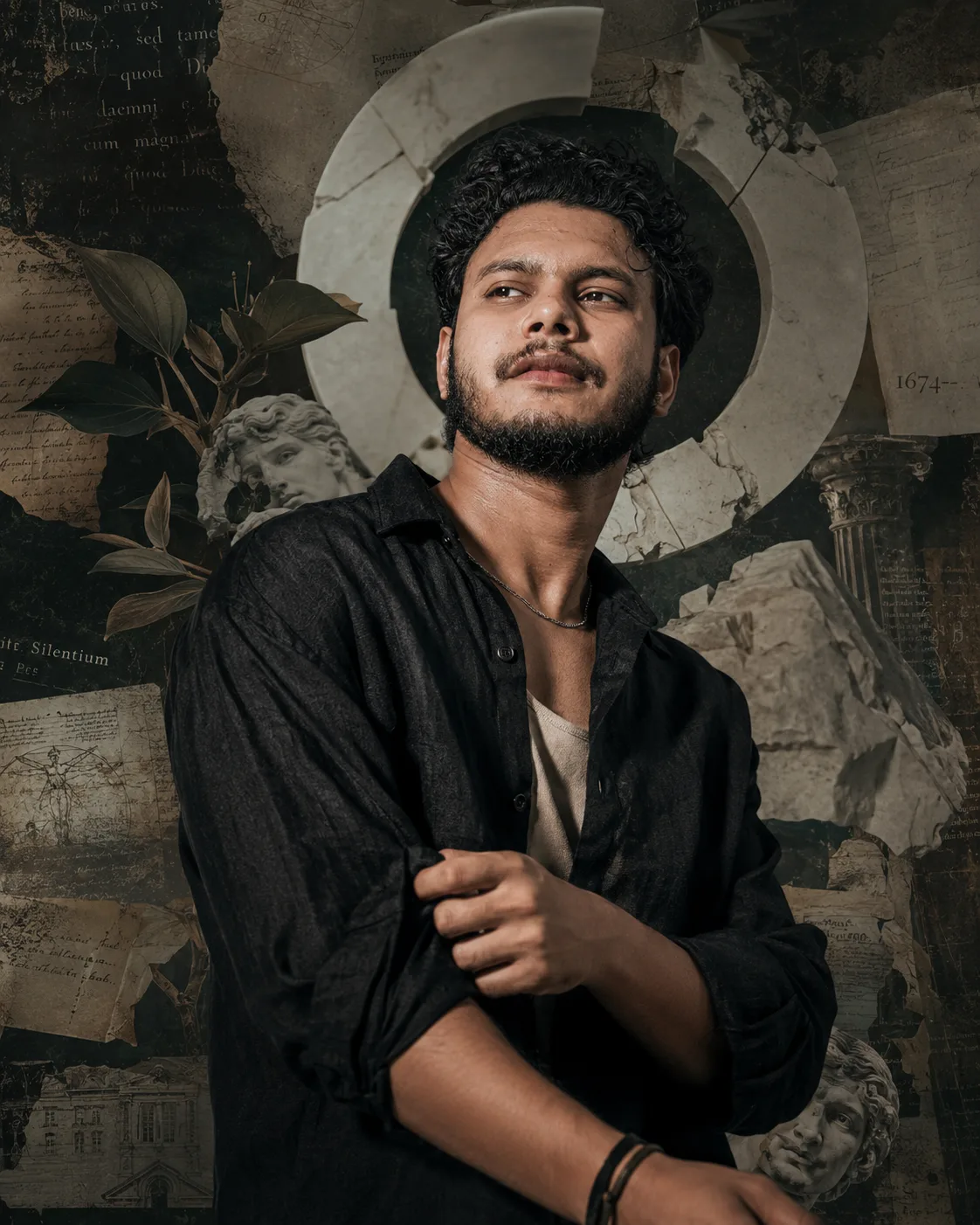 A cinematic portrait of a young South Asian man with curly black hair and a short well-groomed beard, looking upward and slightly to the