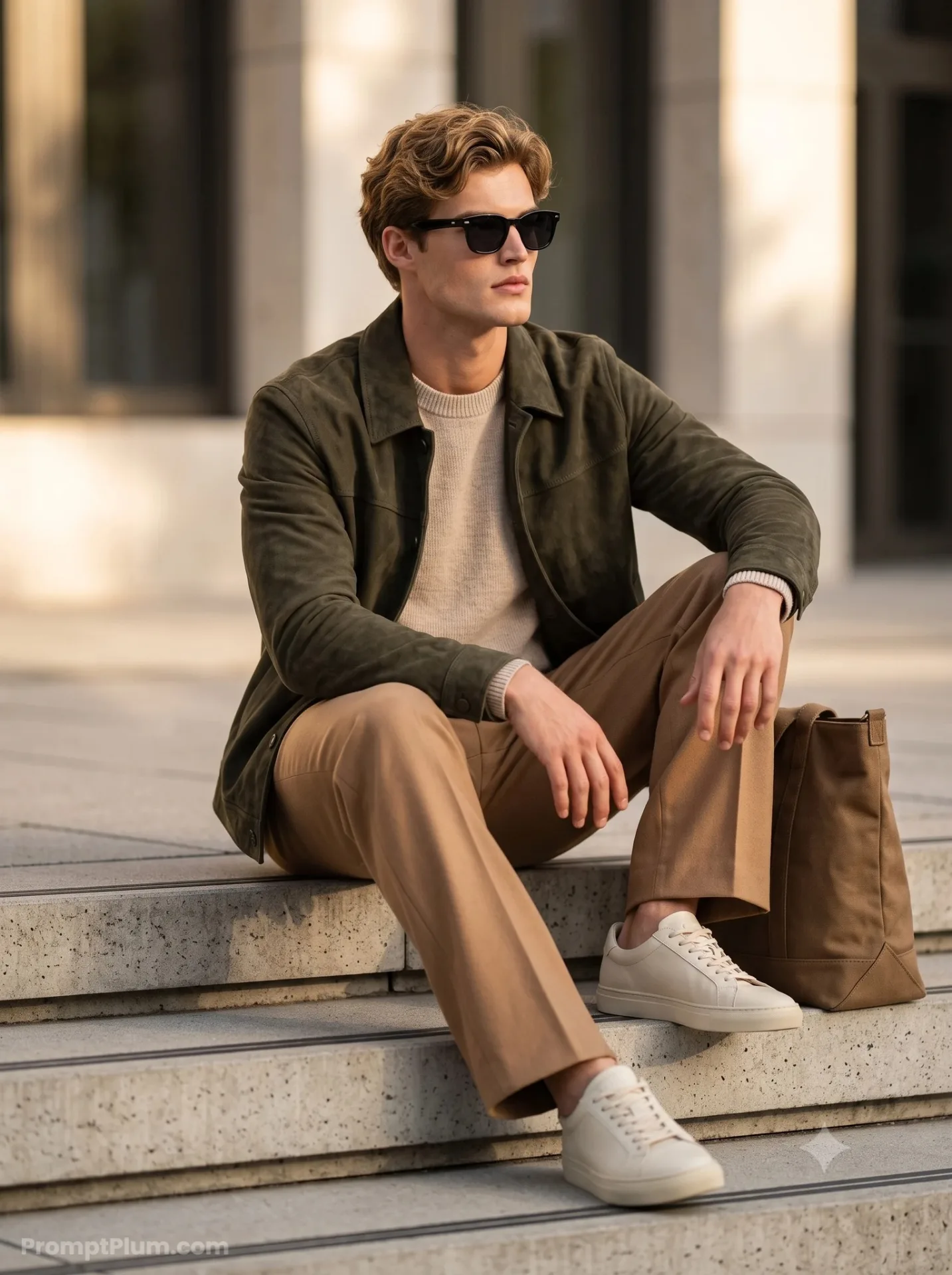 A highly realistic editorial fashion portrait of a stylish man sitting casually on modern concrete steps in an elegant outdoor urban
