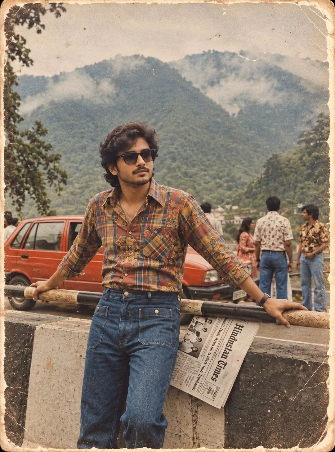 Create an ultra-realistic vertical 4:5 vintage Indian travel photograph that looks genuinely captured and printed in the 1980s.