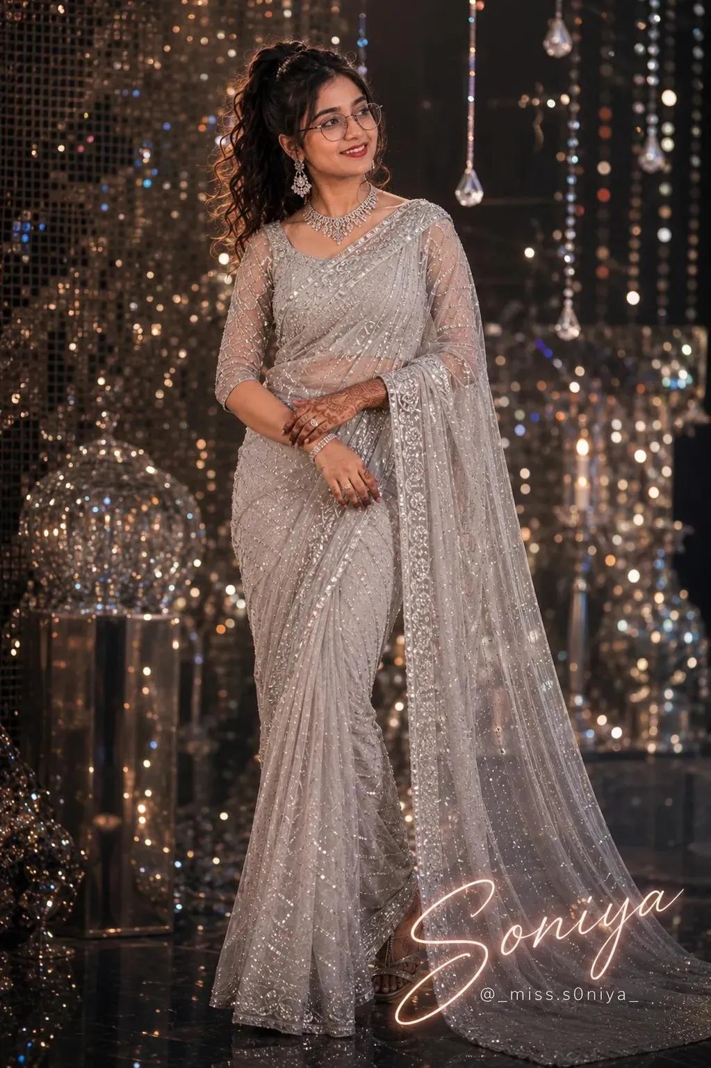 "A cinematic, dimly lit indoor portrait of a beautiful young Indian woman posing elegantly.