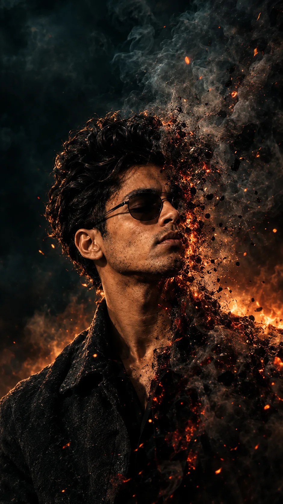 A surreal cinematic portrait of a young man with oval sunglasses, eyes closed, calm expression, standing against a dark firey moody