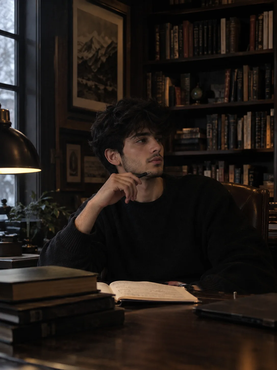 Create a photorealistic cinematic editorial portrait of a young man sitting at a dark wooden study desk in a sophisticated, moody library.