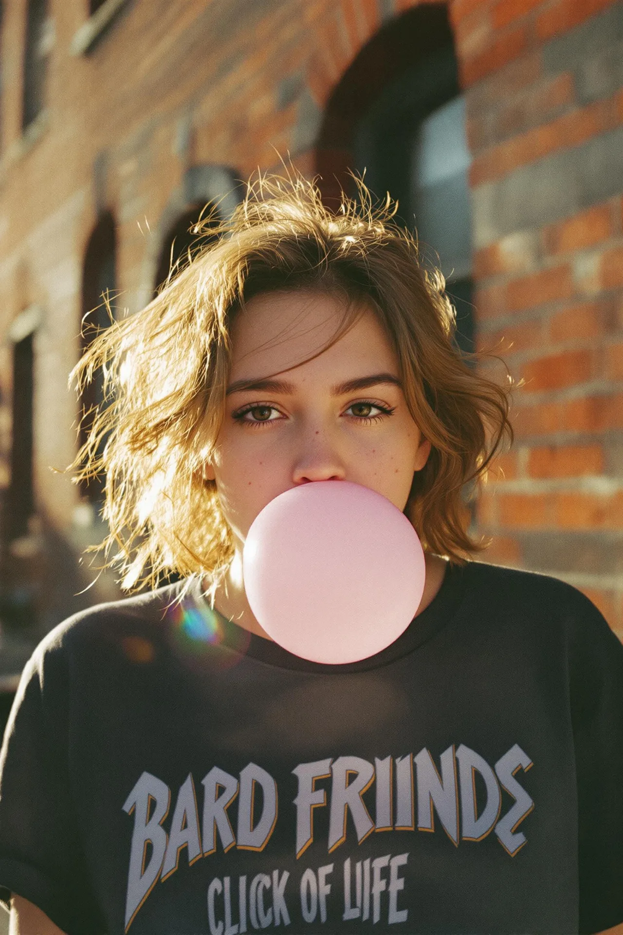 "A candid, sun-drenched portrait of a young woman with messy wavy brown hair, looking directly at the camera while blowing a large,