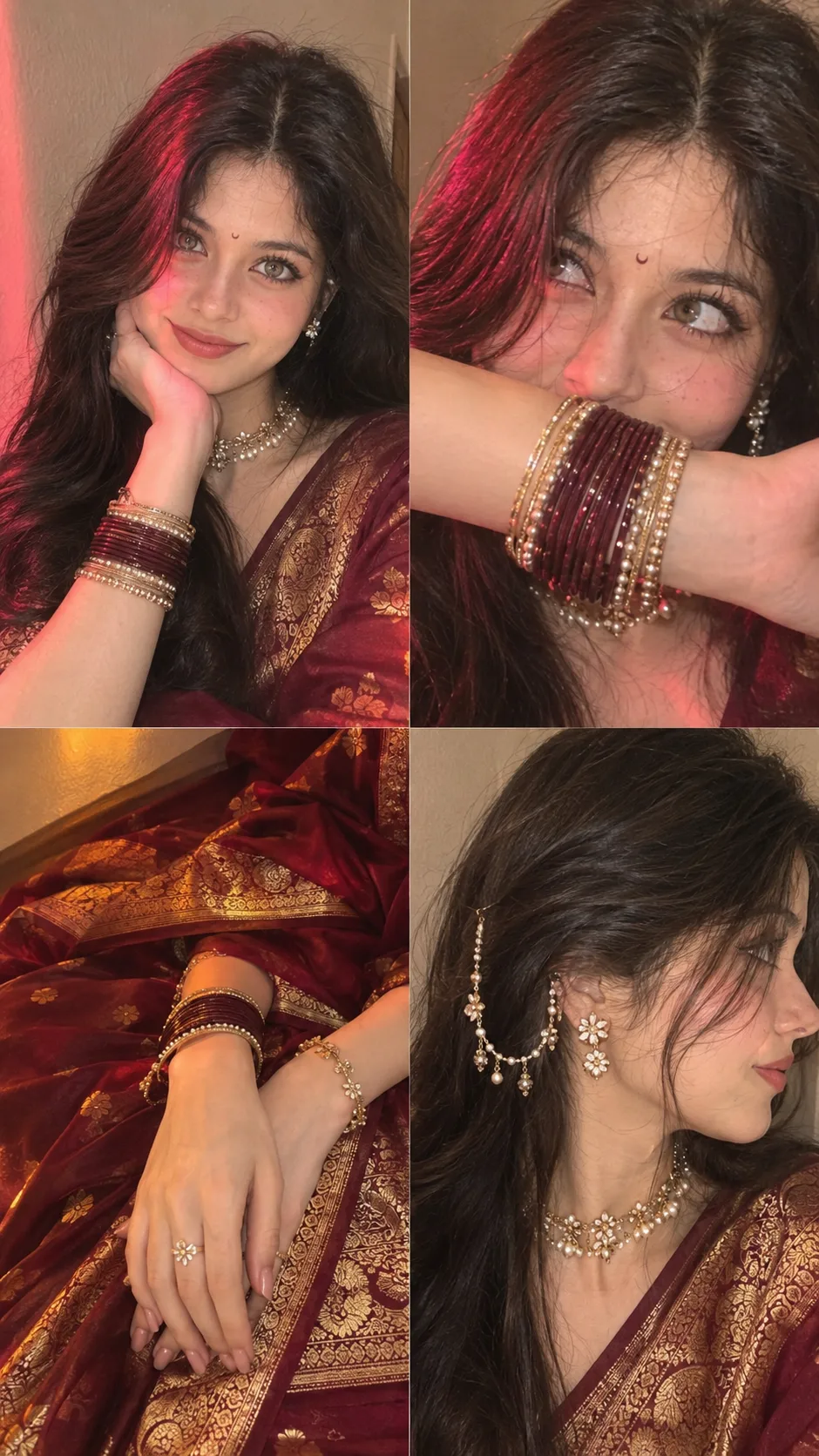 Ultra-realistic indoor iPhone 16 Pro front-camera selfie collage, 2×2 grid with four perfectly equal square frames, appearing exactly like