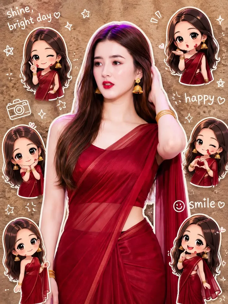 Create a high-quality artistic collage featuring a beautiful young woman in an elegant deep crimson-red saree with a subtle golden border