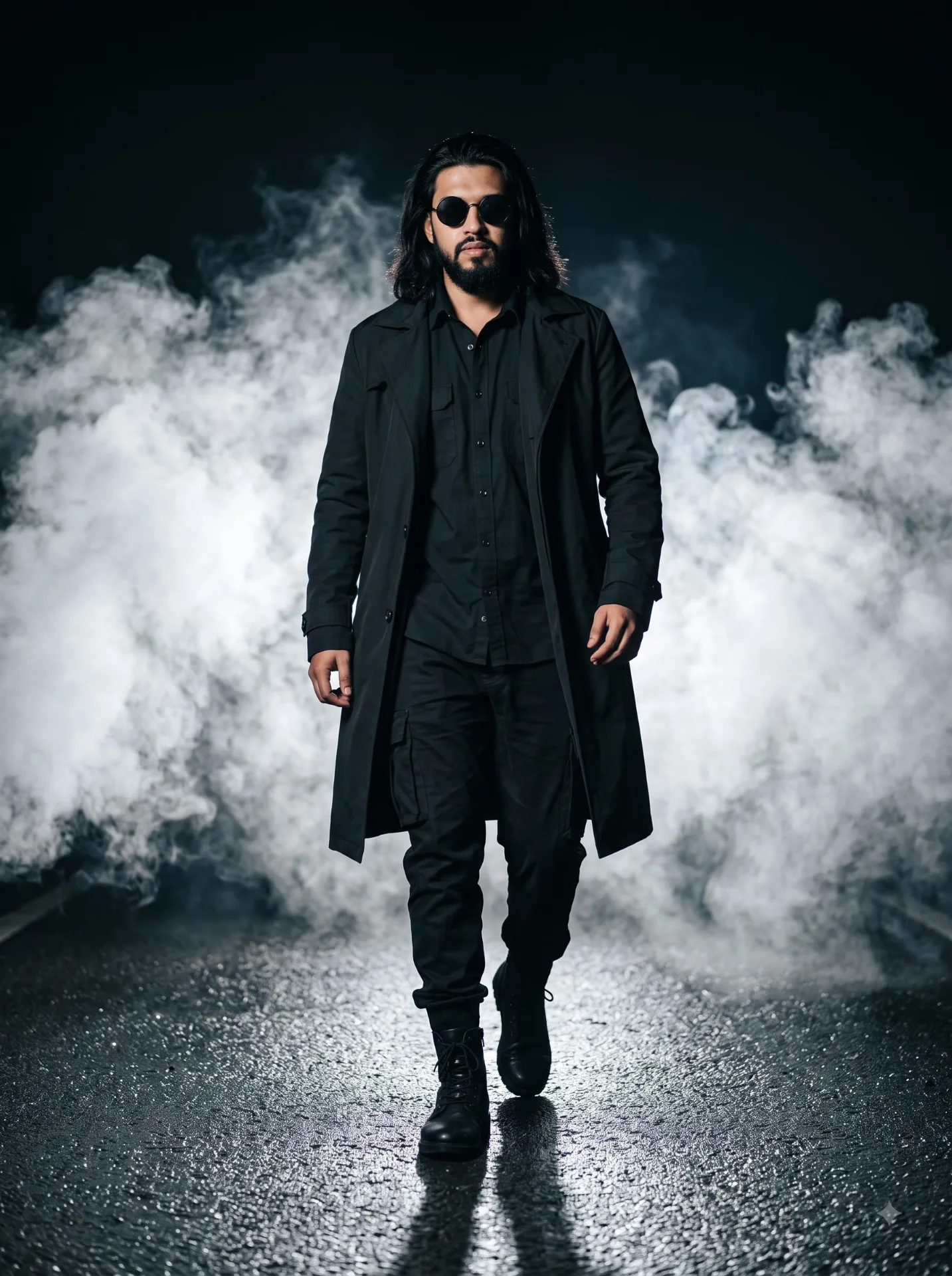 A full-length cinematic shot of a rugged, heavily bearded man with long dark hair, wearing round black sunglasses and.