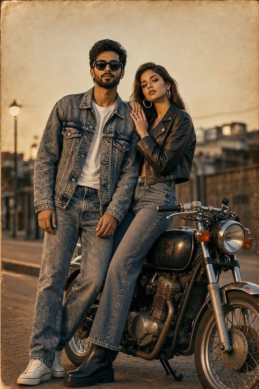 A high-fashion cinematic portrait of a stylish South Asian couple posing next to a vintage 1990s black motorcycle during a warm golden hour