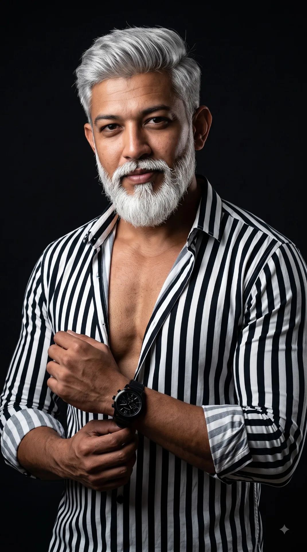 A confident mature man with silver-grey hair and a full white beard posing against a black background.