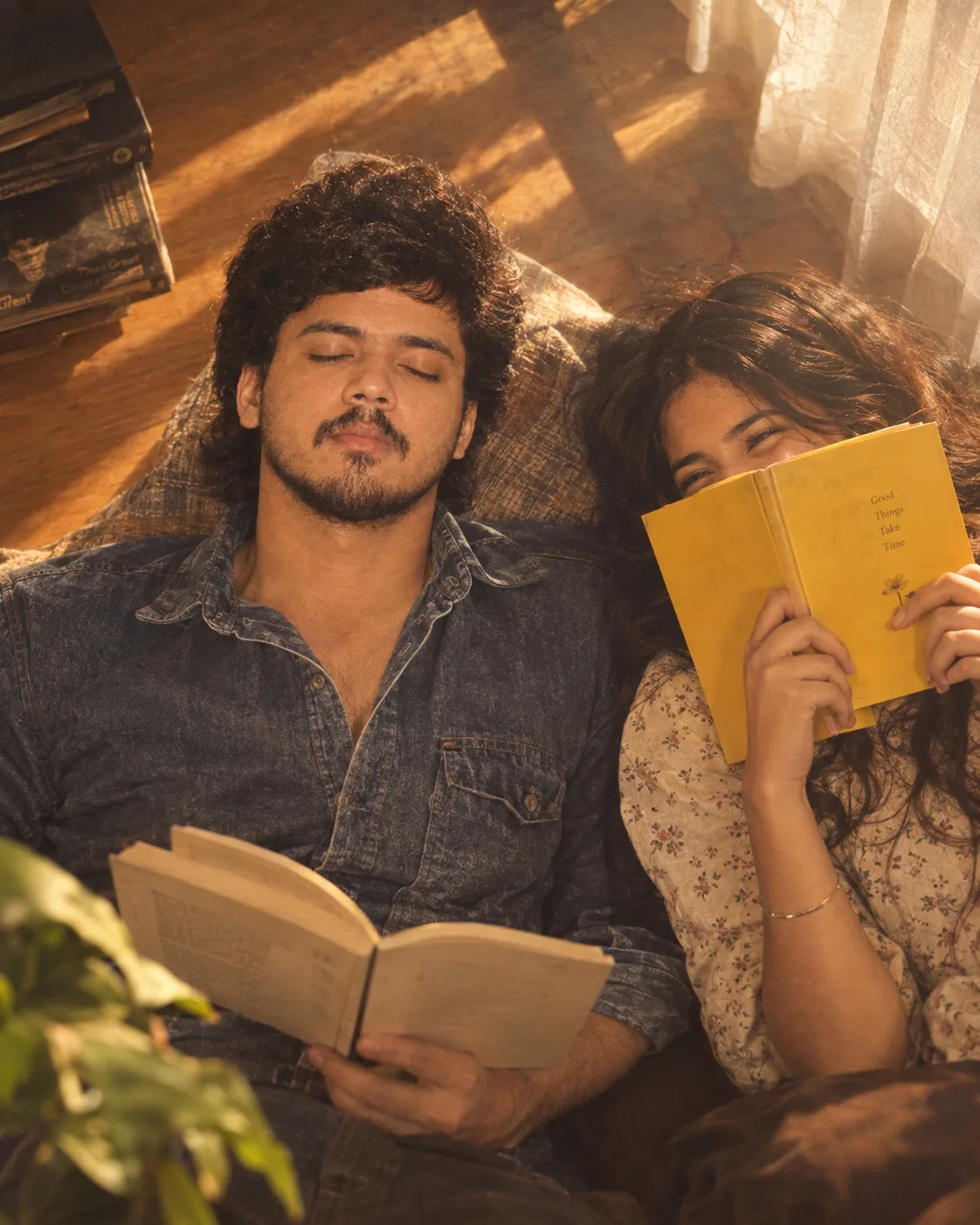 TOP-DOWN CANDID PORTRAIT, CURLY-HAIRED STUBBLED MAN RECLINES EYES-CLOSED WITH AN OPEN BOOK, WOMAN BESIDE HIM HIDES A LAUGH BEHIND A BRIGHT