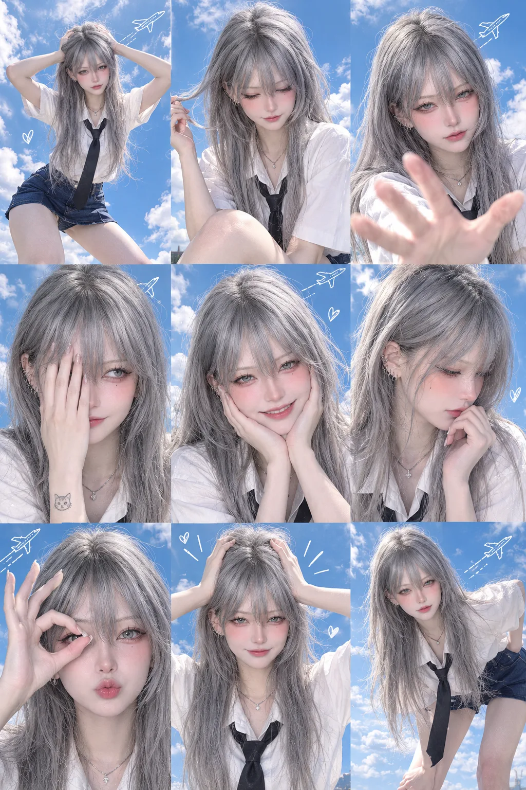 Create a portrait-style collage of 9 images in 1, maintaining 100% of my original face features from the provided image, focusing on the