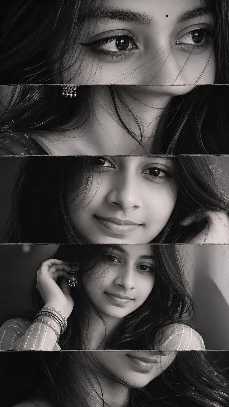 A black and white cinematic photo collage arranged in a vertical stack of four horizontal widescreen filmstrip panels, featuring a