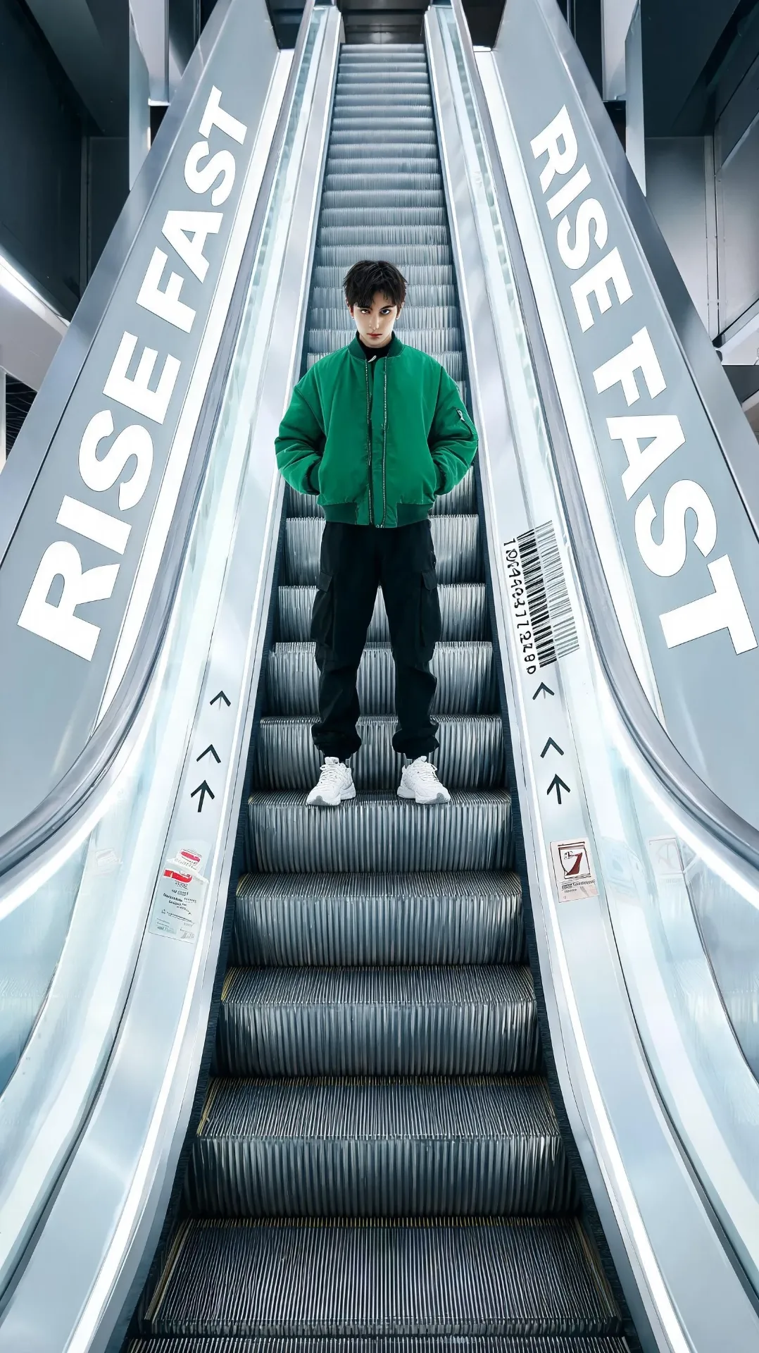 A premium 9:16 sports-fashion editorial advertising poster.Main Subject:A determined young male model riding upward on a futuristic