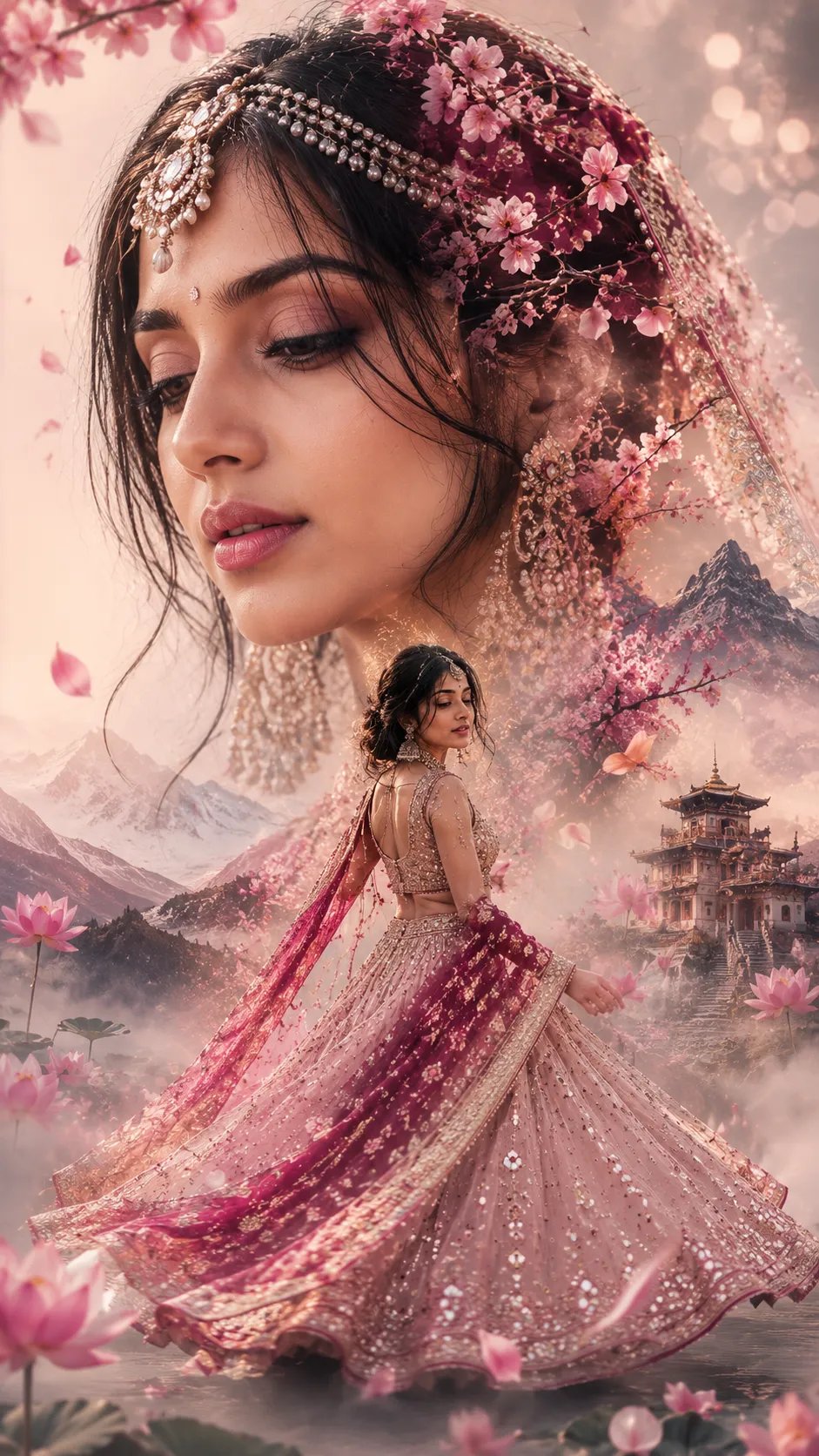 Double exposure collage of an Indian bride, seamless blend with pink cherry blossoms, lotus petals, and misty Himalayan valleys—no visible