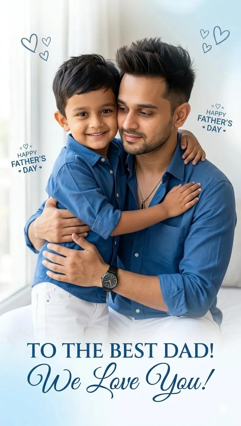Ultra-realistic emotional Father’s Day portrait of a handsome young Indian father and his cute 4–5 year old son hugging lovingly, matching