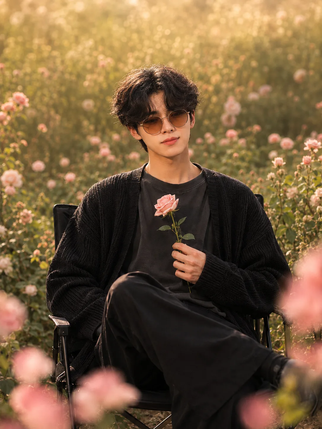 Create an ultra-realistic, premium cinematic outdoor fashion portrait of a young adult male model in his early 20s, seated comfortably in a