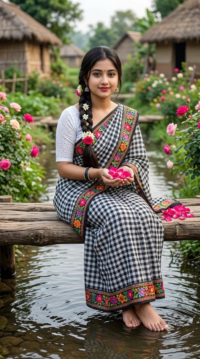 Ultra-realistic portrait of a beautiful young South Asian woman sitting gracefully on a rustic wooden log above a shallow natural stream,