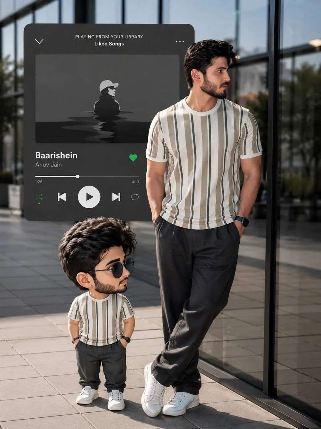 A creative full-body concept photo of a handsome young man standing next to a miniature, stylized chibi version of himself on a modern city