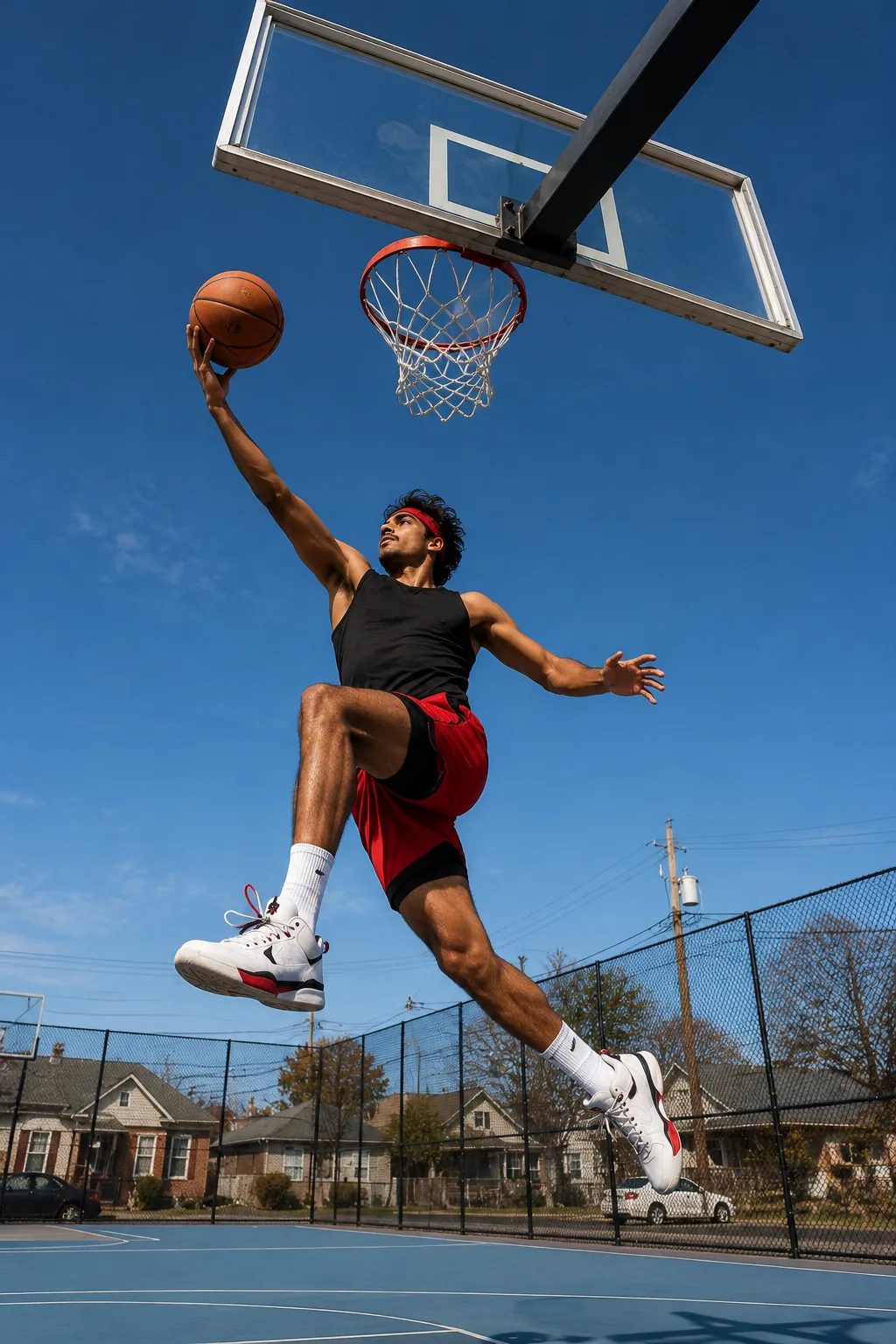 Exact Image Recreation Prompt Create a highly photorealistic cinematic sports photograph of a young adult male basketball player performing