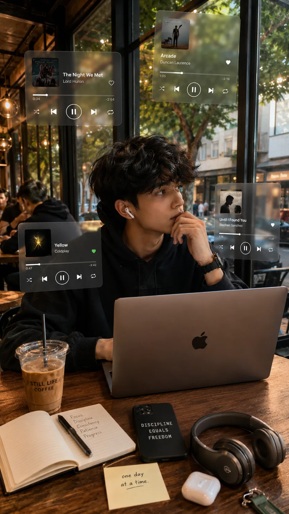 Prompt Ultra-realistic cinematic portrait of a young man sitting comfortably in a cozy modern café during golden hour, wearing an oversized