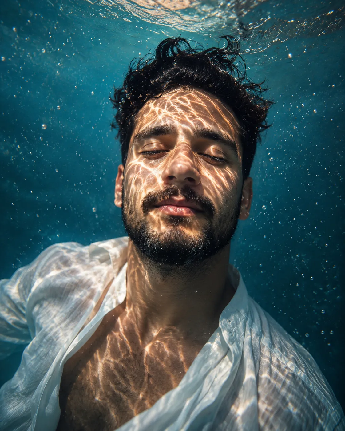 cinematic underwater portrait of a young man floating peacefully beneath clear blue water,eyes closed, wet white shirt flowing softly.