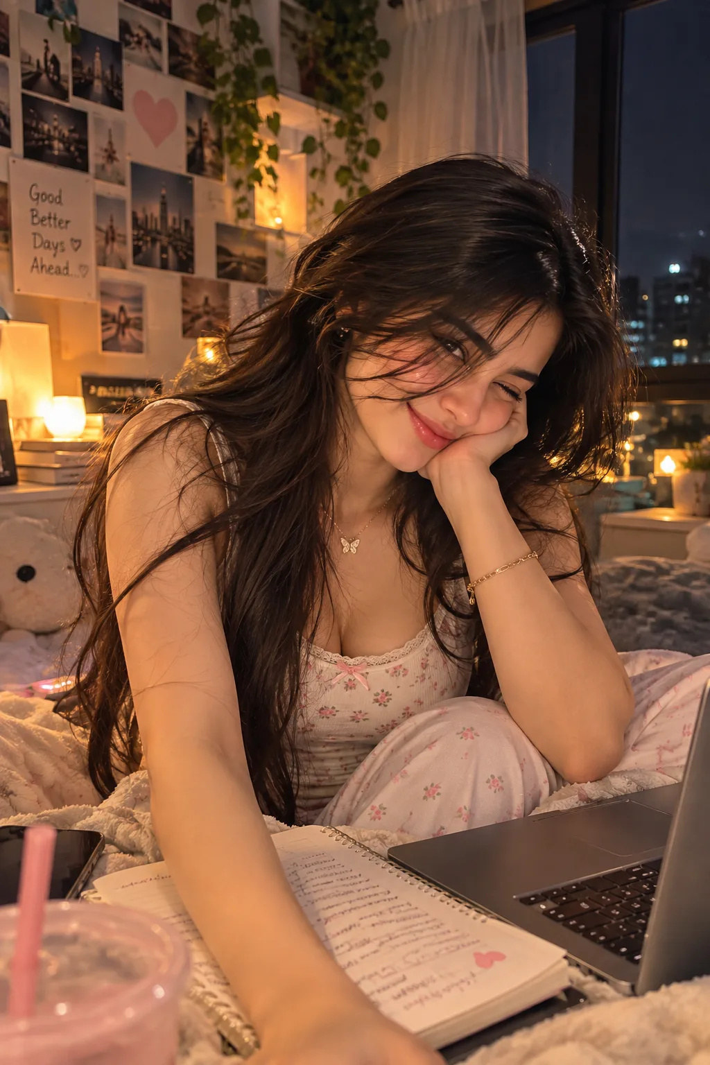Create an original realistic smartphone photograph of Sofia in her cozy bedroom at night.