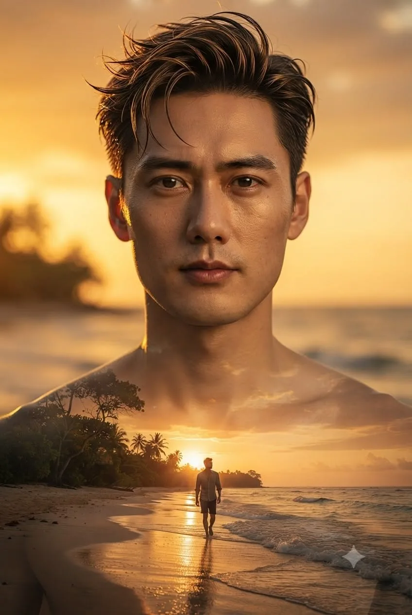 A dramatic double-exposure cinematic portrait of a handsome young East Asian man.