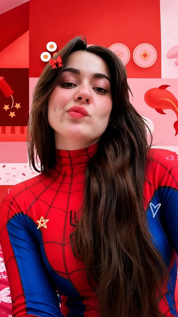Create an ultra-realistic vertical portrait selfie of a young woman wearing a stylish red-and-blue Spider-Man-inspired bodysuit with a