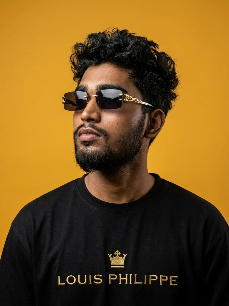 Detailed AI Image Prompt Vertical 3:4 high-fashion studio portrait of a young man against a solid, seamless vibrant warm yellow studio