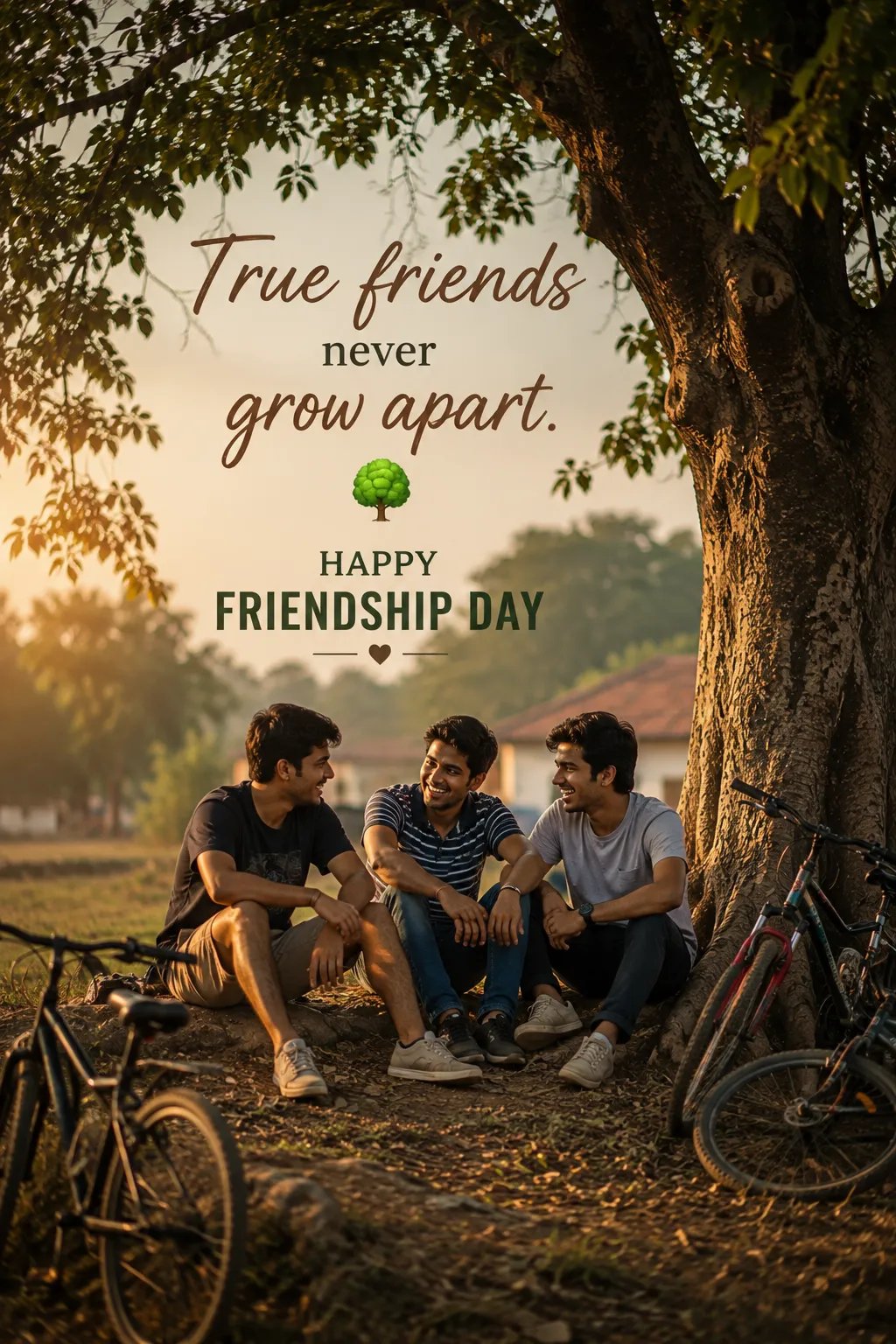 Three childhood friends sitting under a large tree, sharing old memories, bicycles nearby, warm evening light, nostalgic atmosphere,