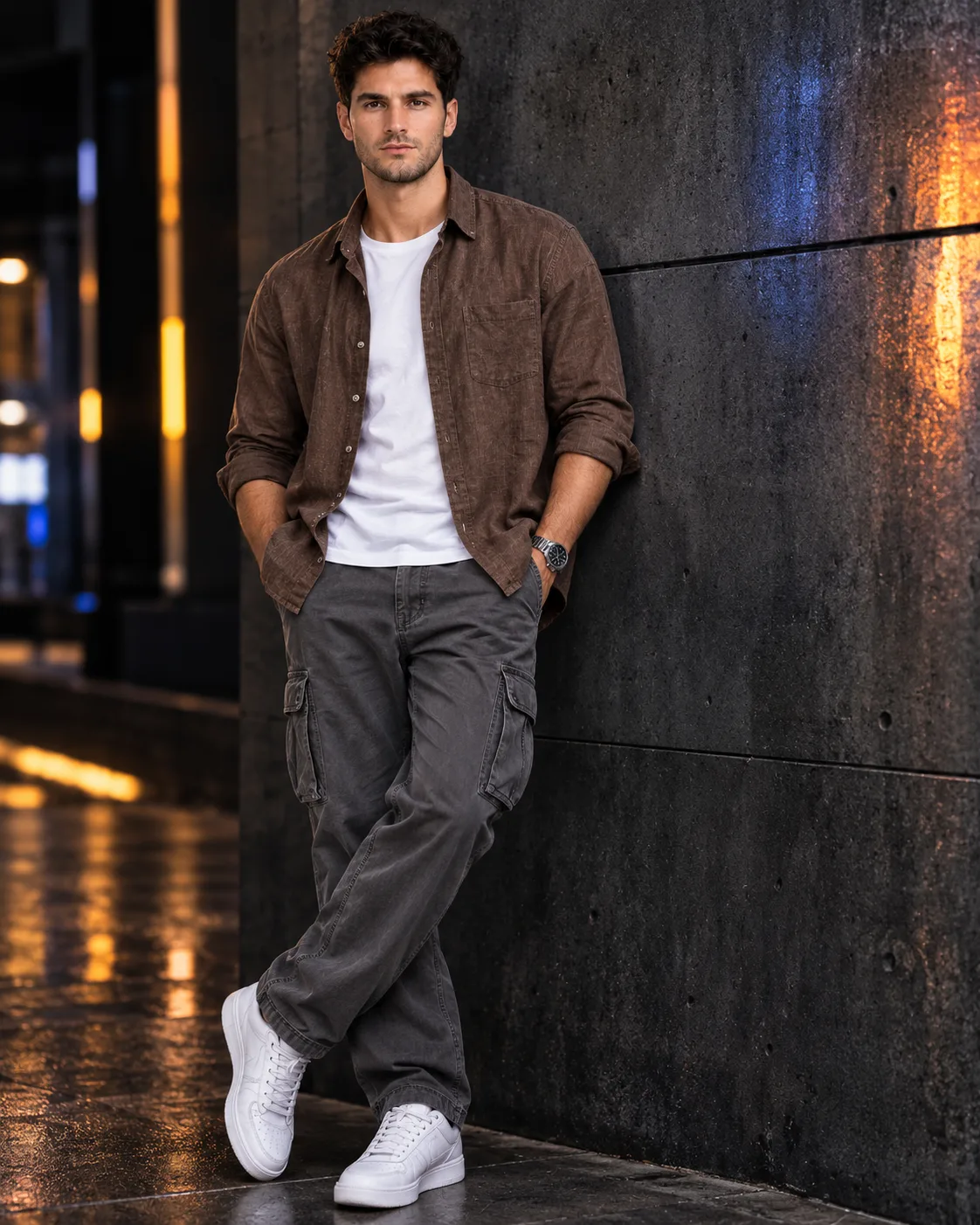 Create a hyper-realistic, 4K cinematic street portrait of a confident young man standing against a dark urban concrete wall with soft neon