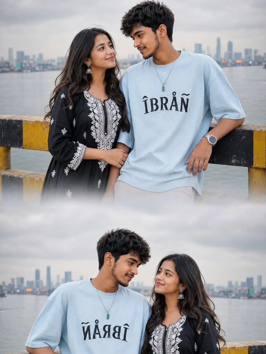 A photorealistic vertical split-panel composite photograph in 3:4 aspect ratio featuring a young South Asian couple on a coastal bridge,
