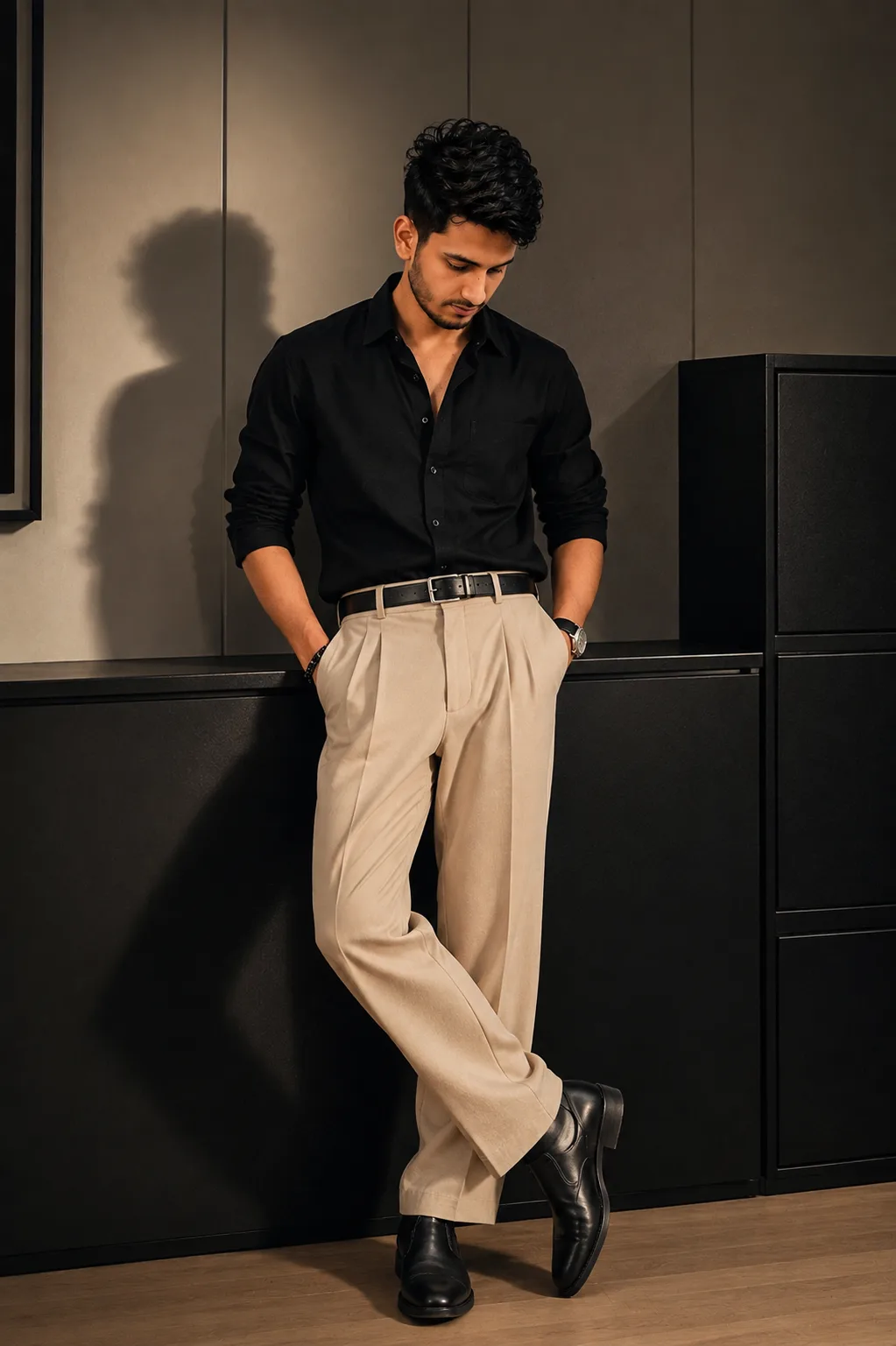 Create an ultra-realistic full-body portrait of a stylish young man in a modern Korean minimalist interior.