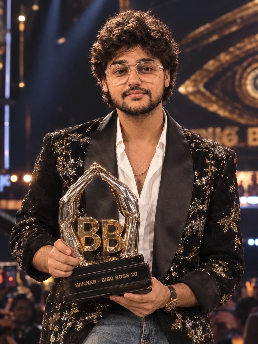 A detailed photograph of a smiling Indian man standing on a stage at night holding a large trophy.
