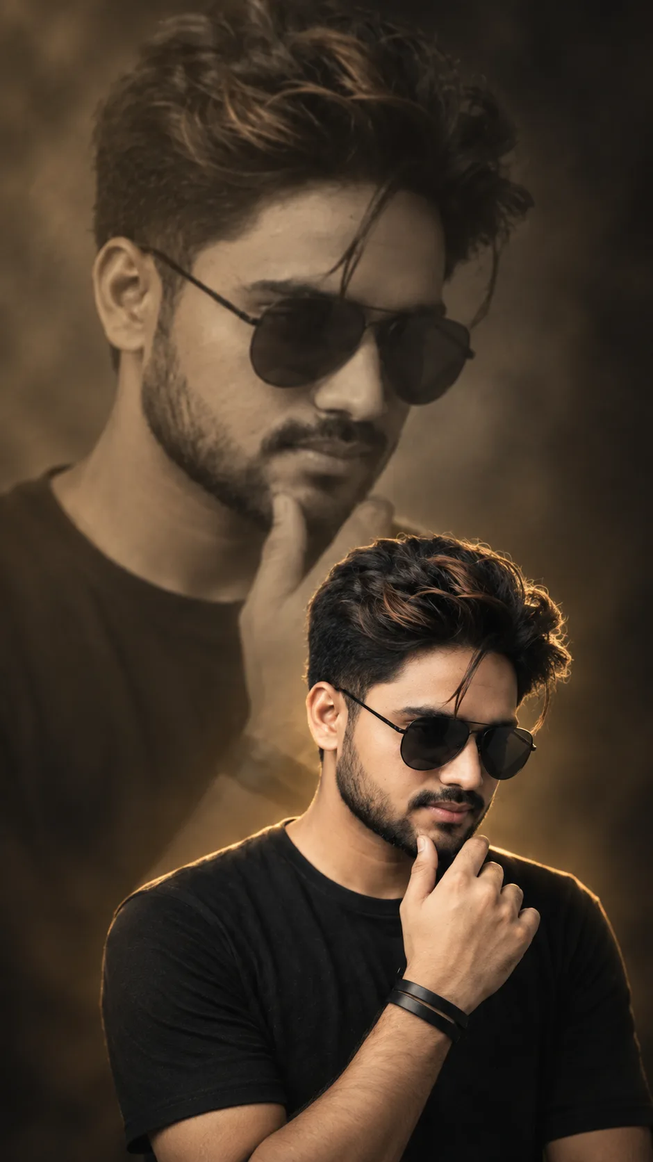 Use the uploaded image strictly as the identity source and create a vertical 9:16 cinematic portrait featuring the same person twice within