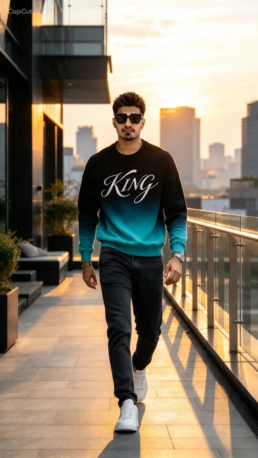Photorealistic, high quality, detailed shot of a man in a confident runway stride on a rooftop terrace during golden hou