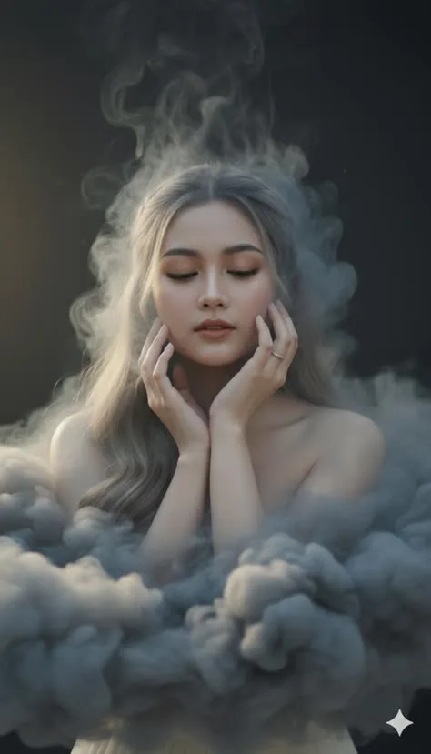 A serene and ethereal fine-art portrait of a beautiful young East Asian woman with her eyes softly closed, appearing calm and meditative.