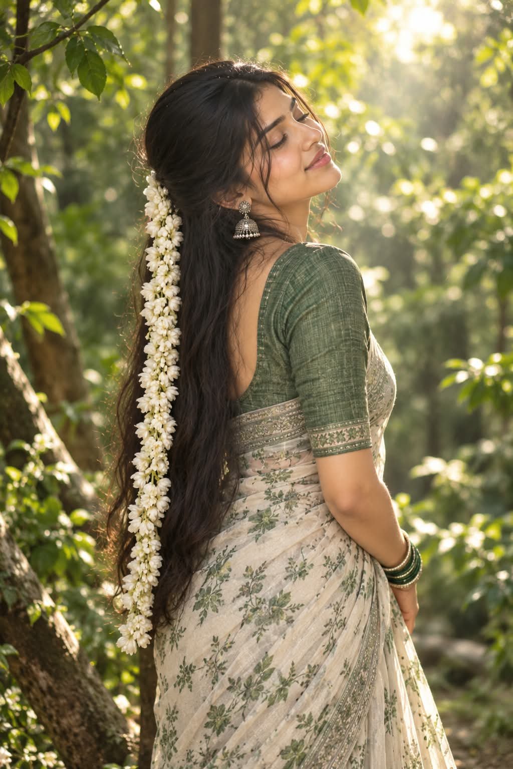 Prompt by @aipromptsgenz Create an ultra-realistic cinematic portrait of a graceful young South Asian woman standing in a lush green forest