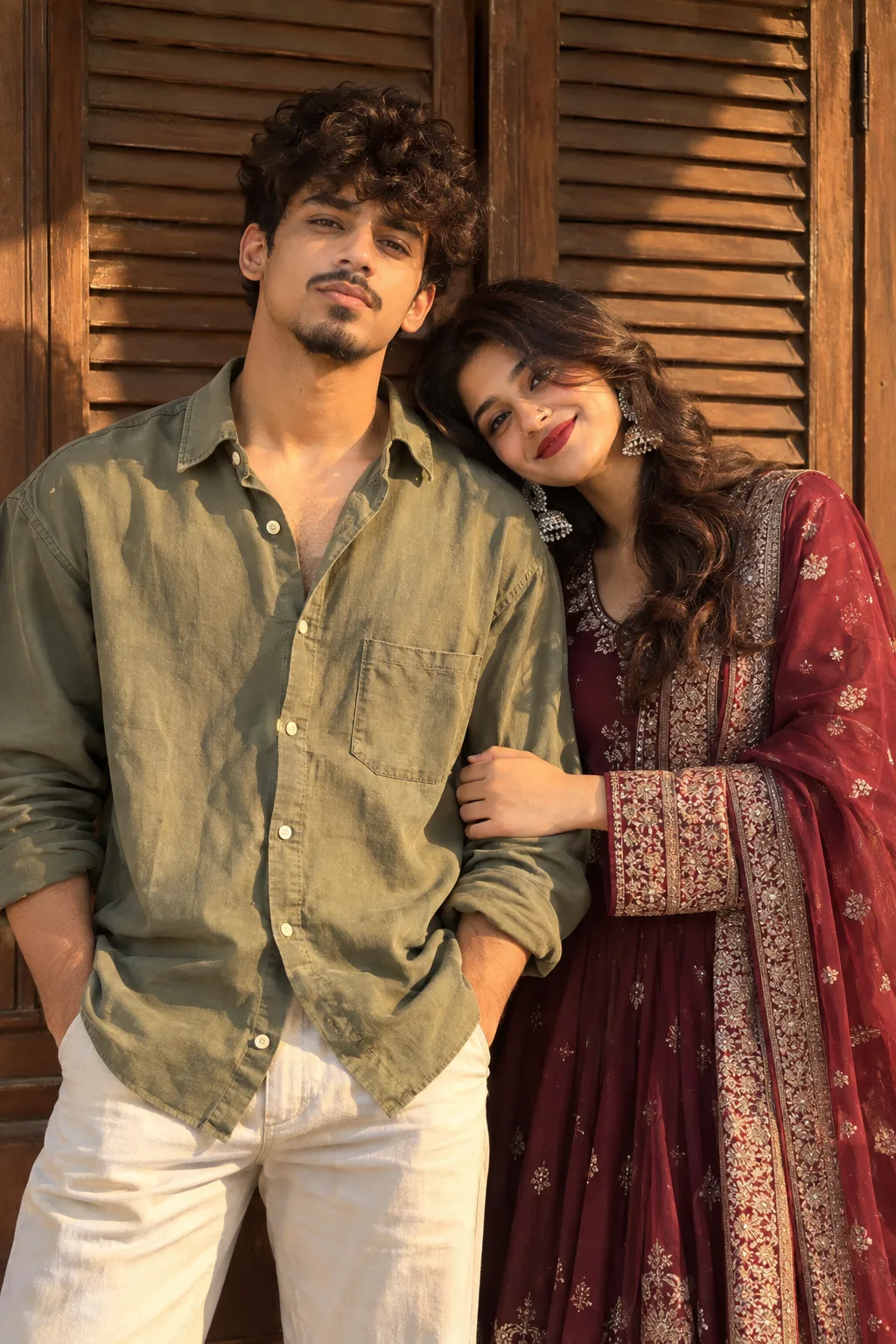 A realistic photo of a young Indian couple posing together in a mix of casual and traditional style.