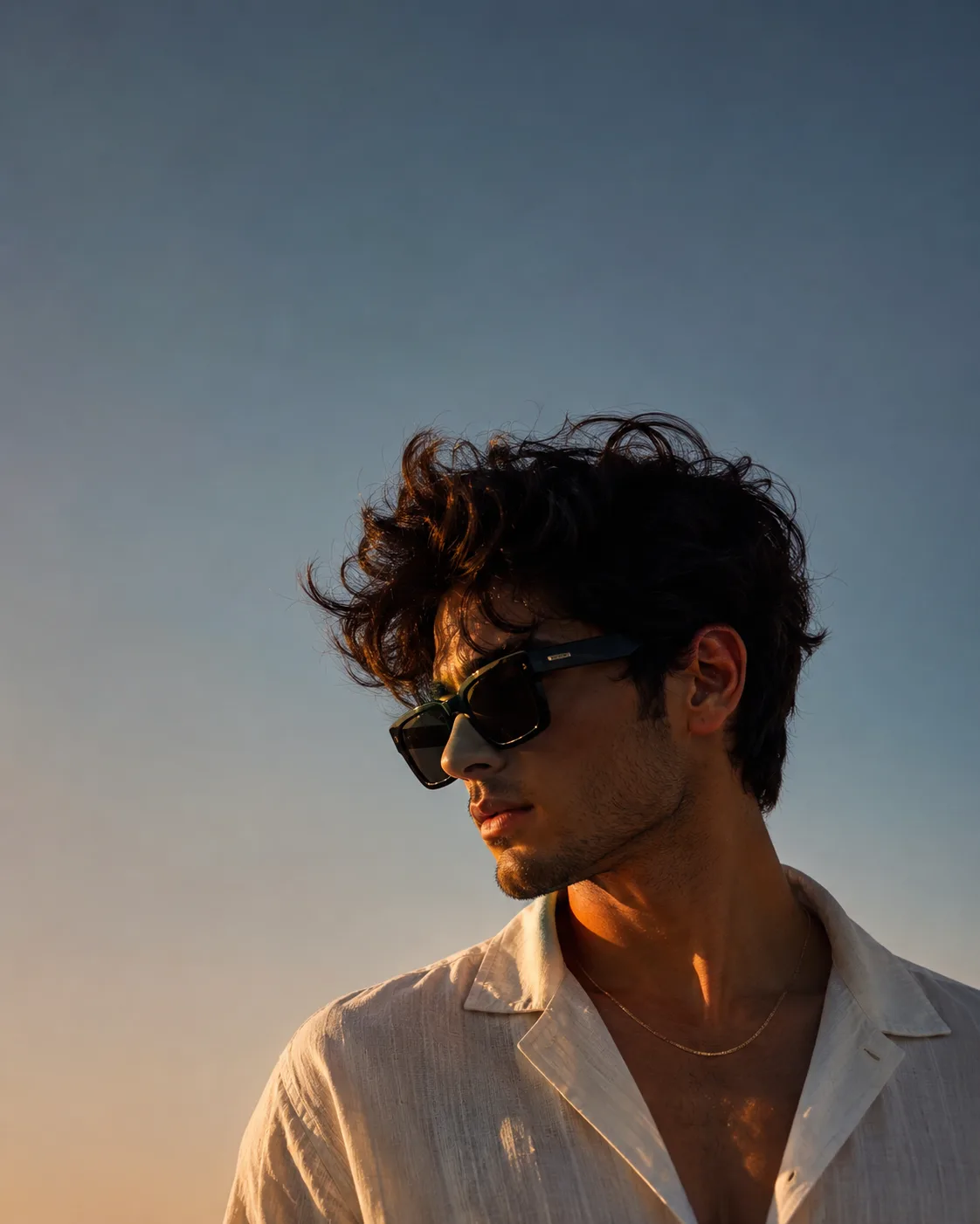 Create a premium ultra-realistic cinematic fashion portrait of a stylish young adult man photographed outdoors during a warm golden-hour